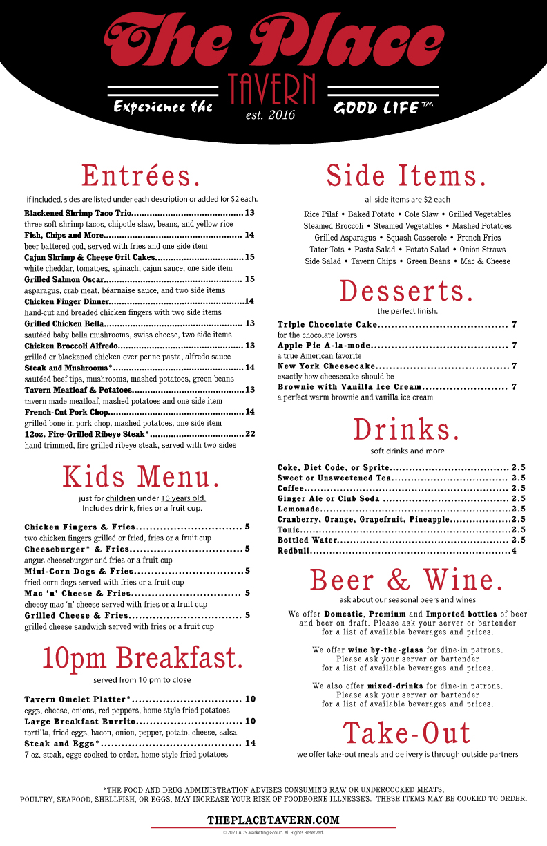 Tavern Menu The Place Tavern Hiram Georgia